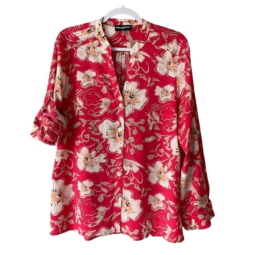 Karl Lagerfeld Blouse coral with floral print long sleeve size Large T177